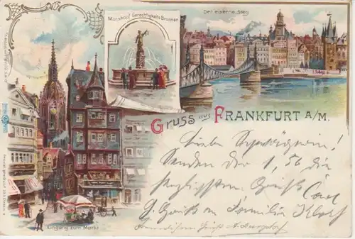 Frankfurt a.M. Litho Markt Steg Brunnen gl1899 97.969