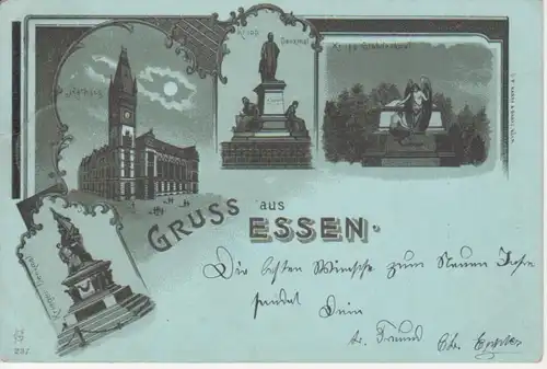 Essen Litho Rathaus Krupp-Denkmale gl1901 98.719