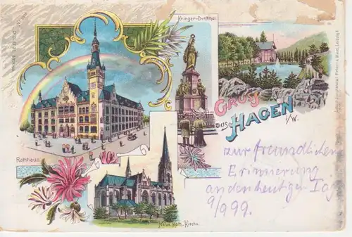 Hagen i.W. Litho Rathaus Kirche Denkmal gl1899 99.770