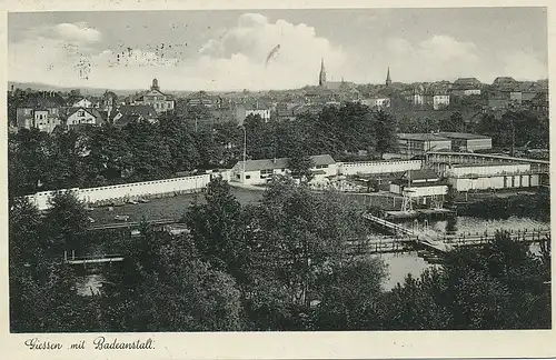 Gießen Panorama mit Badeanstalt gl1938 130.472