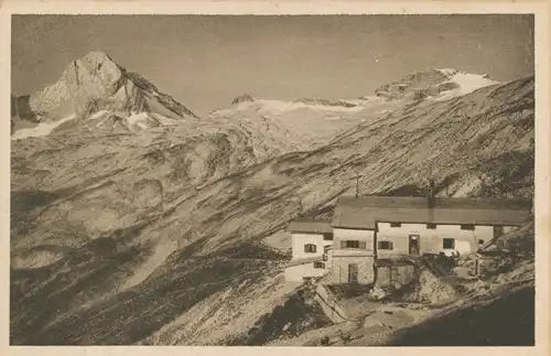 Berghütte: Knorrhütte gegen Plattspitze und Schneefernerkopf ngl 104.373
