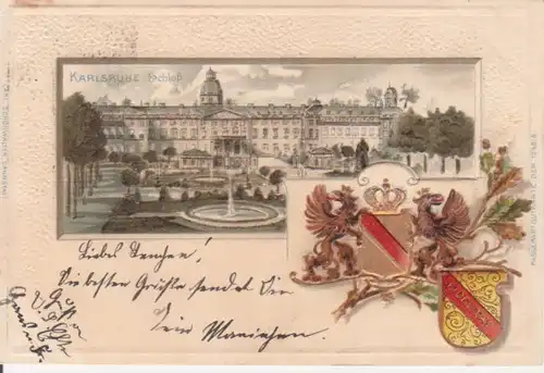 Karlsruhe Schloss und Wappen Prägekarte gl1901 206.340