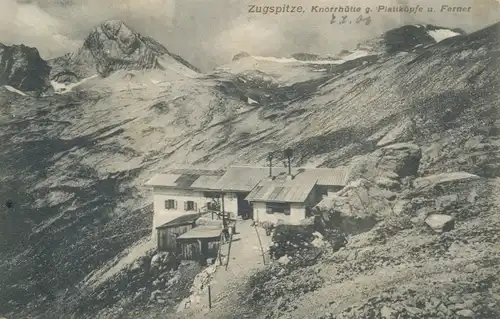 Berghütte: Zugspitze Knorrhütte gegen Plattköpfe und Ferner gl1906 104.367