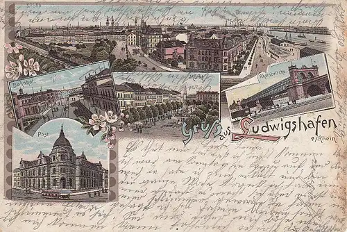 Ludwigshafen a. Rh. Litho Bahnhof Post Markt Rheinbrücke Panorama gl1898 210.981