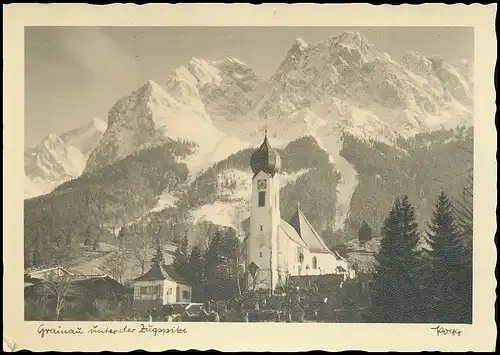 Grainau Dorfkirche mit Zugspitze gl1955 138.291