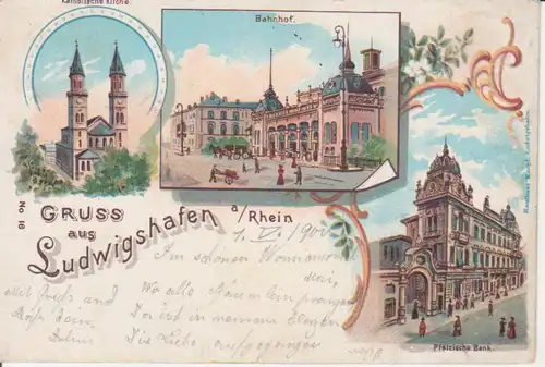 Ludwigshafen a.Rh. Litho Kath. Kirche Bahnhof Pfälzische Bank gl1900 211.115