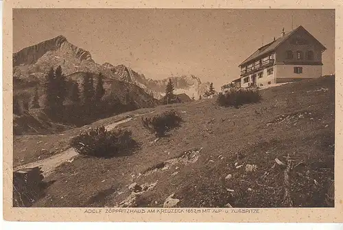 Adolf Zöppritz-Haus am Kreuzeck mir Alp- u.Zugspitze gl1925? C8391