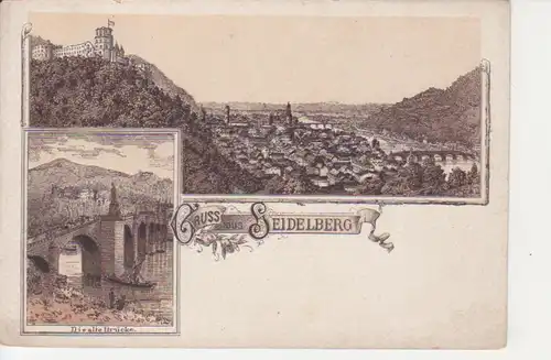 Heidelberg Litho Alte Brücke und Panorama ngl 214.134