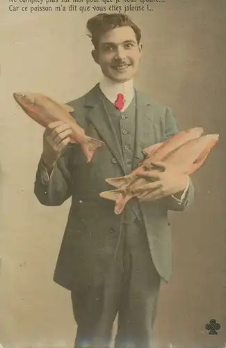 Angeln/Fischerei: Künstlerkarte Porträt mit Fischen gl1908 136.727