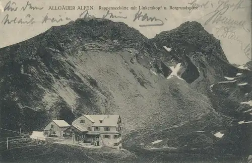 Rappenseehütte mit Linkerskopf und Rotgrundspitze gl1913 104.591