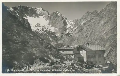 Berghütte: Knappenhäuser mit Zugspitze, Höllental und Gletscher gl1934 104.369