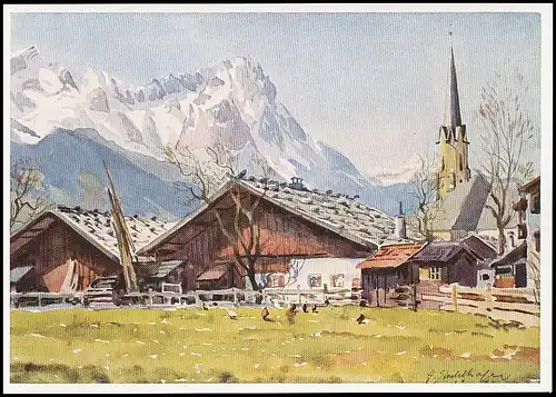 Partenkirchen Partie mit Zugspitze Künstlerkarte Emil Köhn ngl 137.294