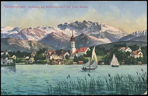 Starnberger See Seeshaupt mit Benediktenwand und neuer Kirche glca.1920 139.277