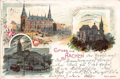 Aachen Litho Rathaus Dom Kaiserplatz gl1898 145.650
