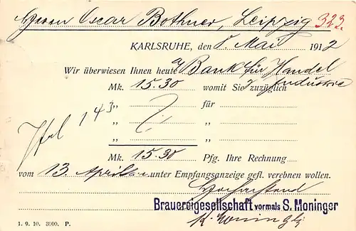 Karlsruhe Brauereigesellschaft vormals S. Moninger gl1912 140.567