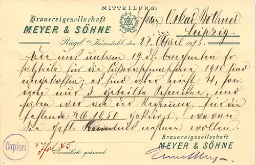 Riegel am Kaiserstuhl Brauereigesellschaft Meyer & Söhne gl1915 142.626