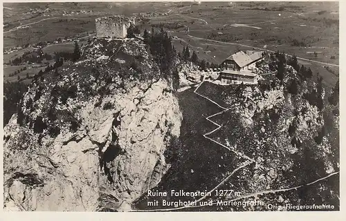 Ruine Falkenstein mit Burghotel und Mariengrotte im Allgäu Luftbild gl1940 D2285