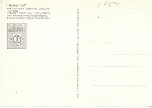 Schapbach bei Bad Rippoldsau Schwarzwald "Hansenhof" ngl C9870