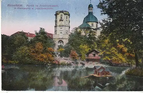 Mannheim Partie im Friedrichspark mit Sternwarte u. Jesuitenkirche gl1918 D0183