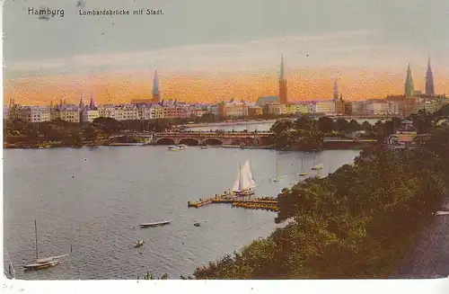 Hamburg Lombardsbrücke mit Stadt gl1910 D0706