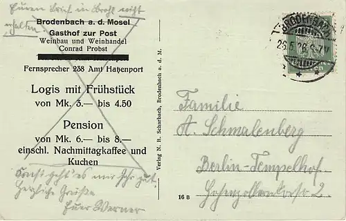 Brodenbach an der Mosel Gasthof zur Post gl1926 146.151