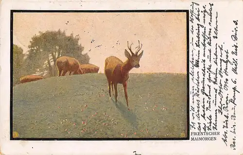 Tiere: Rehbock und Sprung Fikentscher Maimorgen feldpgl1918 150.831