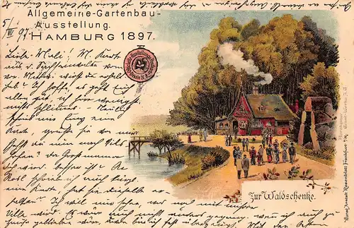 Hamburg Litho Allg. Gartenbauausstellung 1897 Zur Waldschenke gl1897 149.214