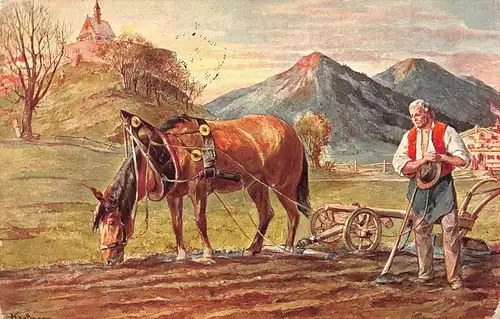 Tiere: Pferd im Gerschirr mit altem Pflug und Bauer gl1910 150.763