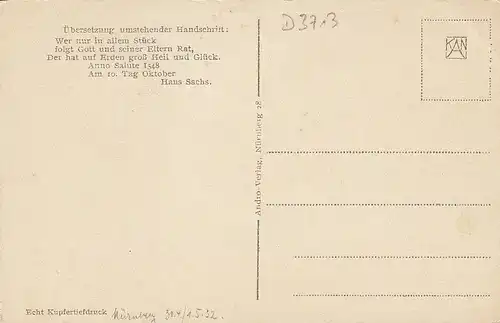 Hans Sachs - Handschrift rückseitig übersetzt ngl D3713