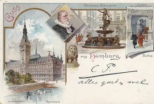 Gruss aus Hamburg Rund ums Rathaus Litho gl1897 D1390