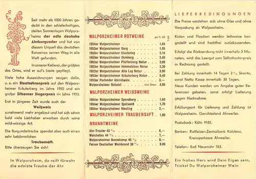 Walporzheim Winzerverein Preisliste (Keine AK) ngl 146.437