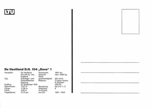 LTU 50 Jahre Werbekarte De Havilland D.H. 104 "Dove" 1 D-INKA ngl 151.638