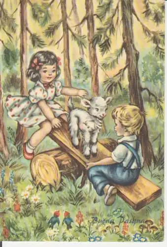 Frohe Ostern/ Buona Pasqua 2 Kinder spielen mit Lamm im Wald gl1959 222.582