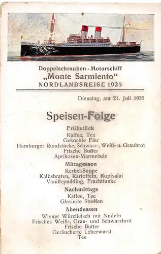 Motorschiff "Monte Sarmiento" Speisen-Folge Nordlandsreise 21.7.1925 ngl 151.350