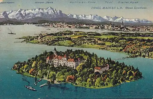 Insel Mainau gegen Konstanz und die Alpen gl1931 D2592