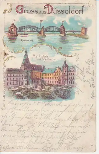 Düsseldorf Litho Rheinbrücke und Marktplatz mit Rathaus gl1902 219.823