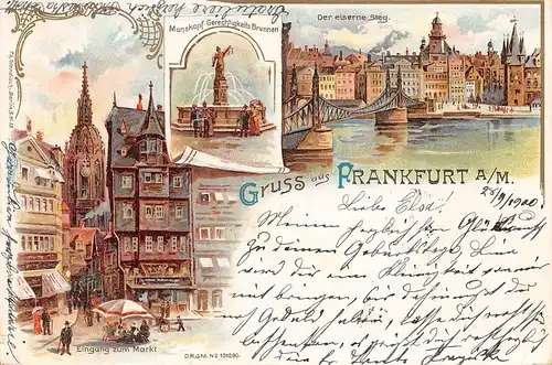 Frankfurt a. M. Litho Eiserner Steg Gerechtigkeitsbrunnen Markt gl1900 152.039