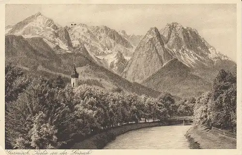 Garmisch Partie an der Loisahch, Aölbspitze, Waxenstein, Zugspitze gl1930 D3337