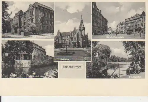 Gelsenkirchen Mehrbildkarte Rathaus Stadtgarten Schloß Berge gl1952 221.101