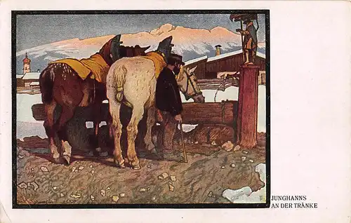 Tiere: Pferde im Geschirr Junghanns an der Tränke ngl 150.745