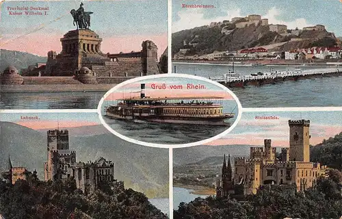 Gruß vom Rhein mit Dampfer und Burgen Mehrbildkarte feldpgl1914 151.230