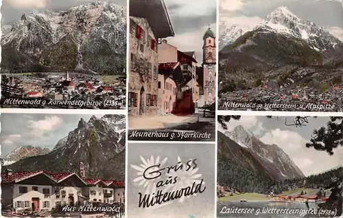 Mittenwald Mehrbildkarte Neunerhaus Pfarrkirche gl1960 153.425