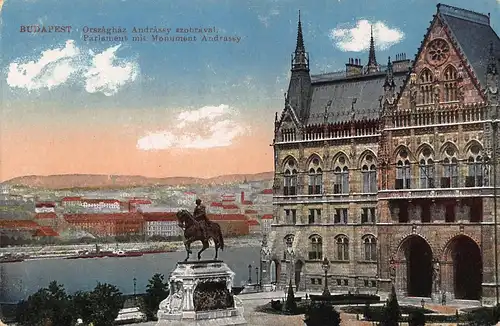 Budapest Országház Andrássy szobrával/Parlament u. Monument Andrassy ngl 149.910