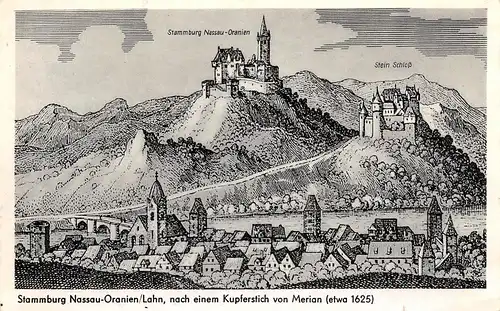 Stammburg Nassau-Oranien/Lahn nach einem Kupferstich von Merian gl1955 155.986