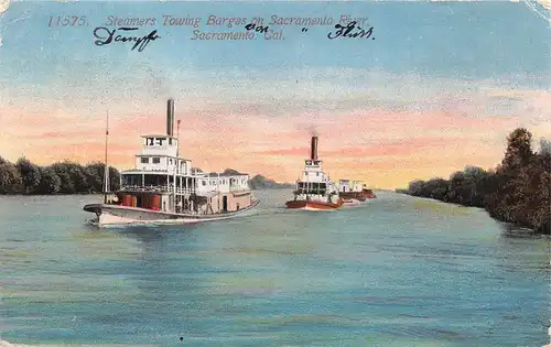 Sacramento, California Steamer Towing Barges on River gl1916 151.475