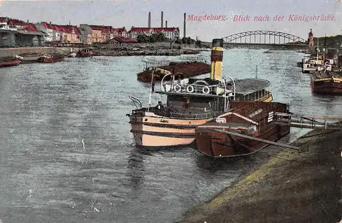 Magdeburg Blick nach der Königsbrücke mit Schiffen feldpgl1915 151.154