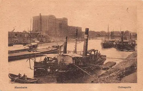 Mannheim Hafenpartie Lagerhaus und Schiffe gl1927 151.242