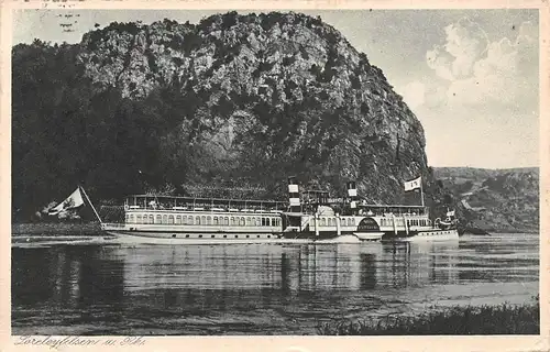 Loreleyfelsen am Rhein mit passierendem Luxusdampfer bahnpgl1931 151.252