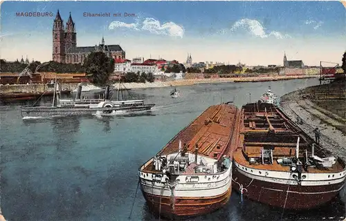 Magdeburg Elbansicht mit Dom Raddampfer und Kähnen am Kai ngl 151.131