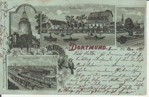 Dortmund Litho Mondscheinkarte Buschmühle Steinernturm Vehmlinde gl1899 221.042